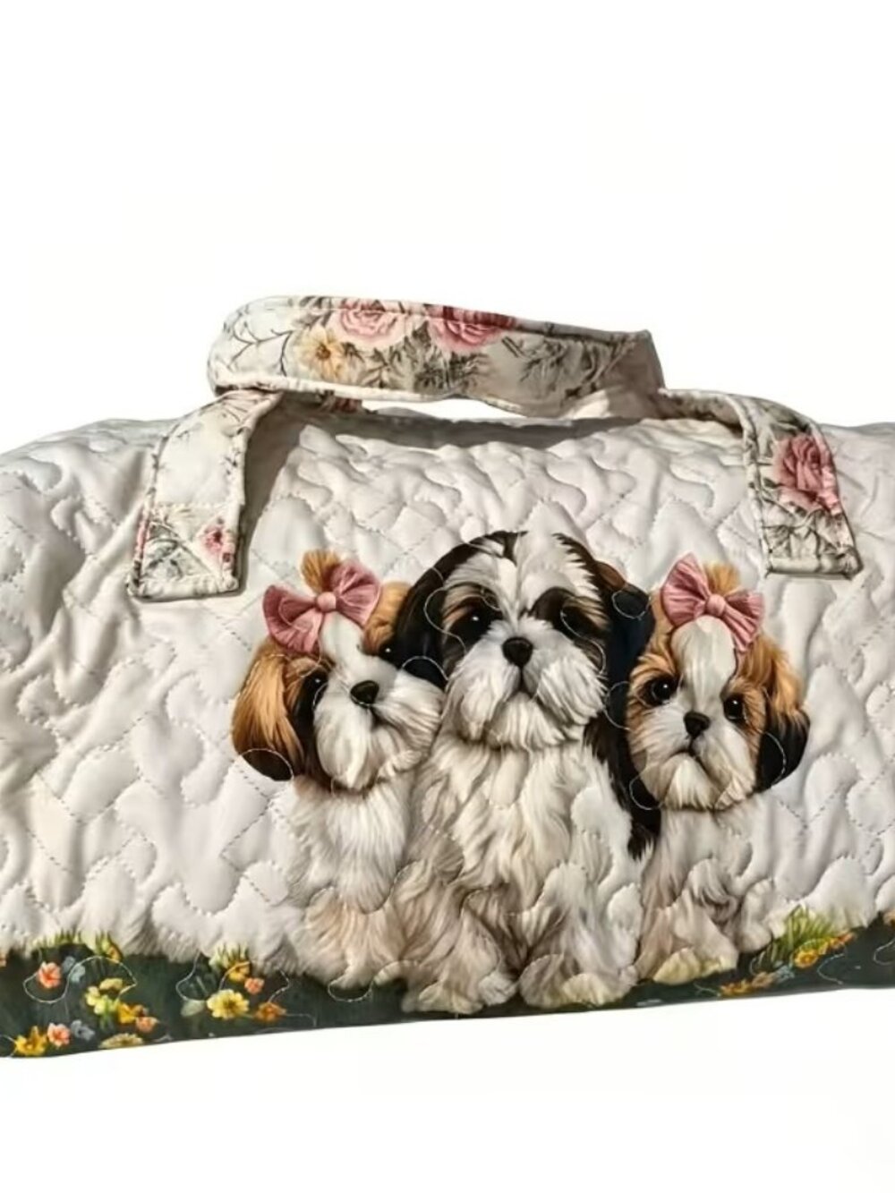Cute Floral Shih Tzu Print Quilted Travel Tote Bag